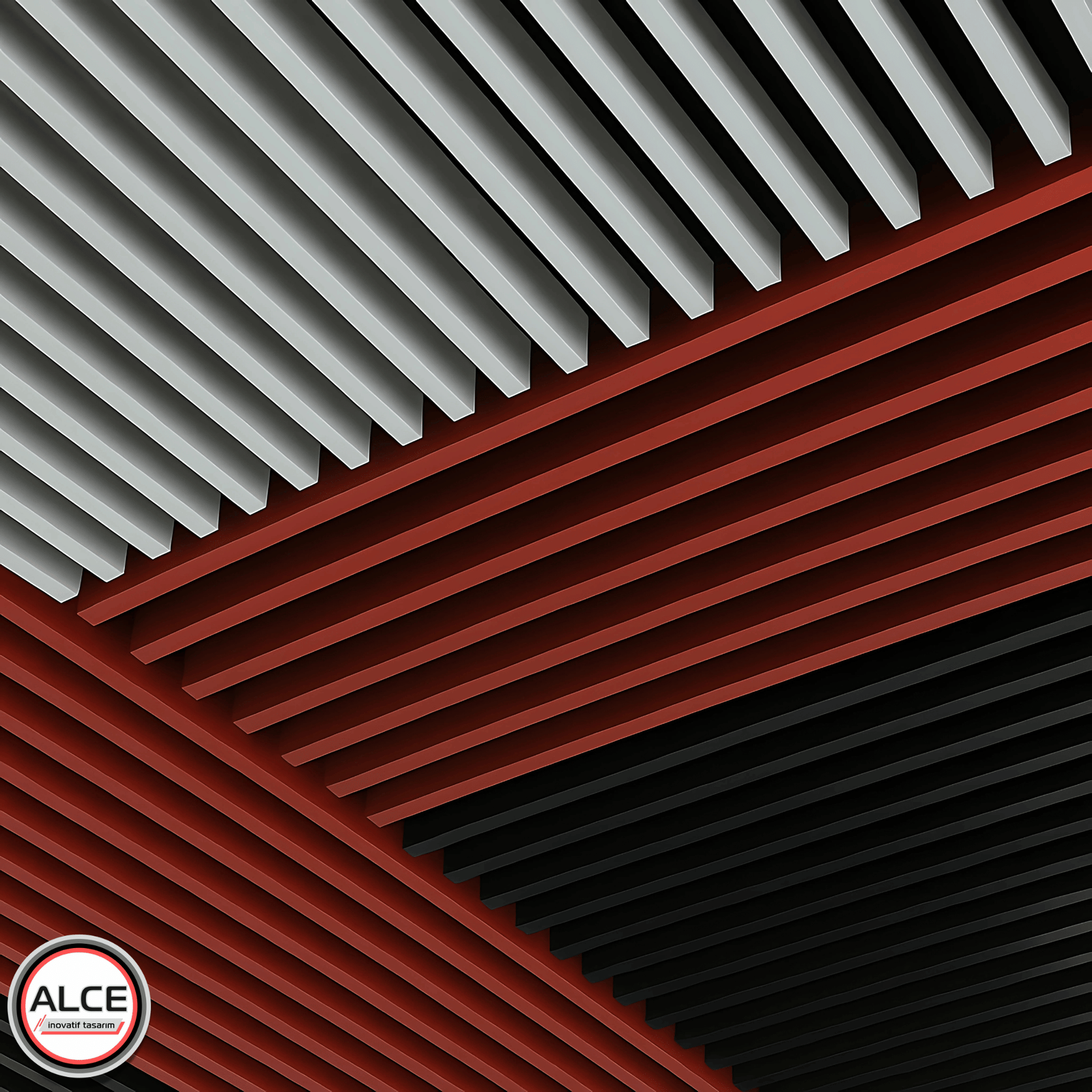 Metal Baffle Asma Tavan nedir sorusuna görsel bir yanıt olarak, açık gri, koyu kırmızı ve siyah tonlarda dizilmiş paralel metal panellerle oluşturulmuş bu sistem, tavan boşluğuna çizgisel bir açıklık sağlar – Alce İnovatif Tasarım